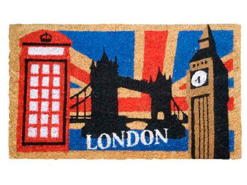 Felpudo London con cabina roja Big Ben y bandera británica