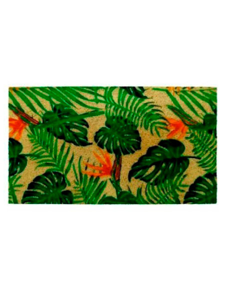 Felpudo de fibra de coco natural con estampado de hojas tropicales y monstera en color verde sobre base antideslizante de PVC