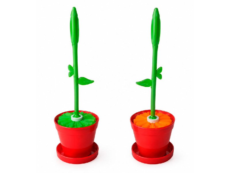 Escobillero de baño con diseño de flor verde en maceta roja.