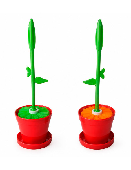 Escobillero de baño con diseño de flor verde en maceta roja.
