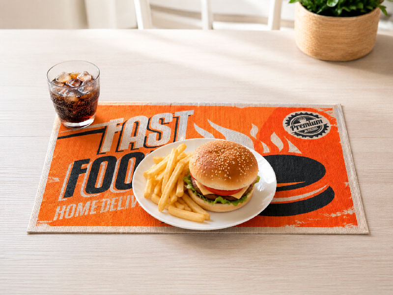 Salvamantel Fast Food Retro colocado en mesa con hamburguesa
