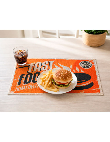 Salvamantel Fast Food Retro colocado en mesa con hamburguesa