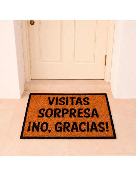 Felpudo Visitas Sorpresa colocado en la puerta de casa.