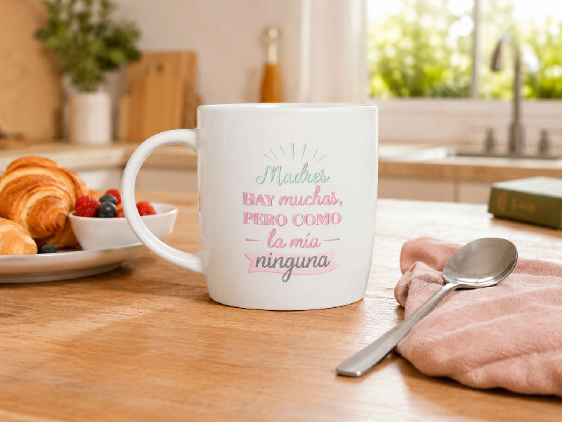 Taza regalo para mamá en mesa de desayuno