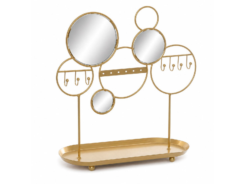 Organizador joyero dorado de metal con espejos y bandeja para pendientes, anillos y collares.