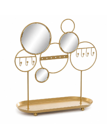 Organizador joyero dorado de metal con espejos y bandeja para pendientes, anillos y collares.