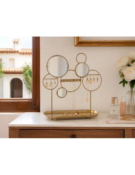 Expositor de joyas con espejo para pendientes y collares en el mueble