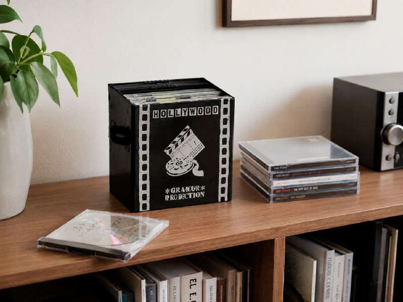 Caja para CDs Hollywood colocada en estantería