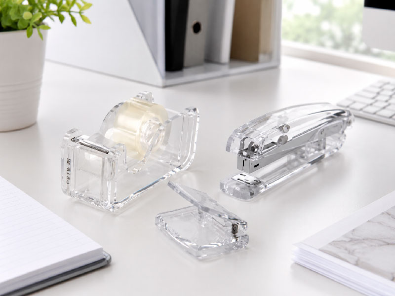 Set de escritorio acrilico transparente con grapadora dispensador de celo y taladradora en mesa de trabajo.