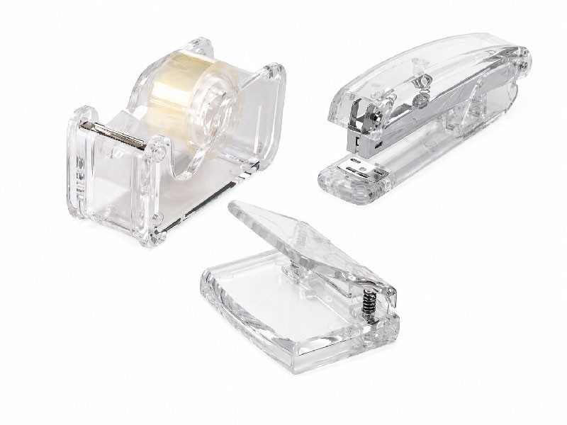 Set de escritorio acrilico transparente con grapadora dispensador de celo y taladradora