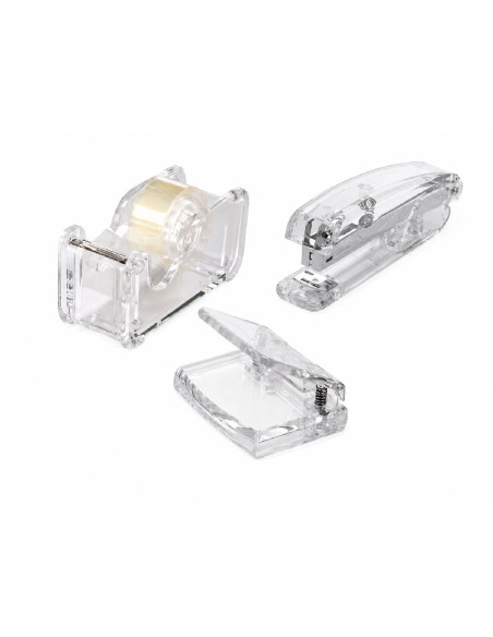 Set de escritorio acrilico transparente con grapadora dispensador de celo y taladradora