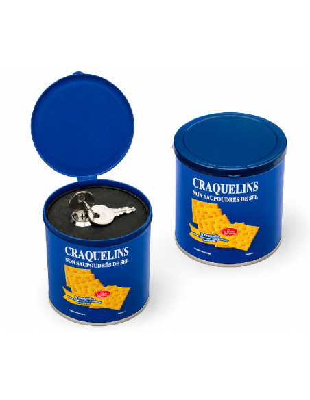 Caja fuerte camuflada con forma de bote de galletas azul con tapa amarilla.