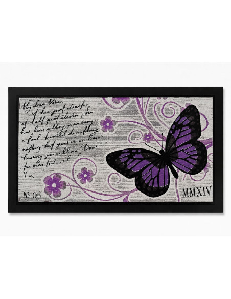 Felpudo lavable de poliamida con diseño de mariposa morada sobre fondo gris de caligrafía y base antideslizante de PVC
