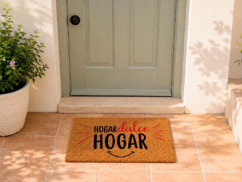 Felpudo de bienvenida Hogar Dulce Hogar colocado en el suelo de una entrada de casa