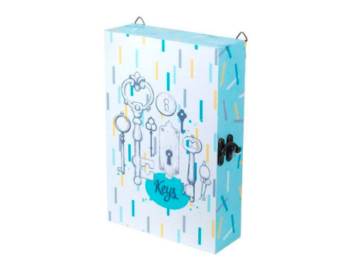 Caja cuelgallaves de pared color azul con ilustraciones y texto Keys
