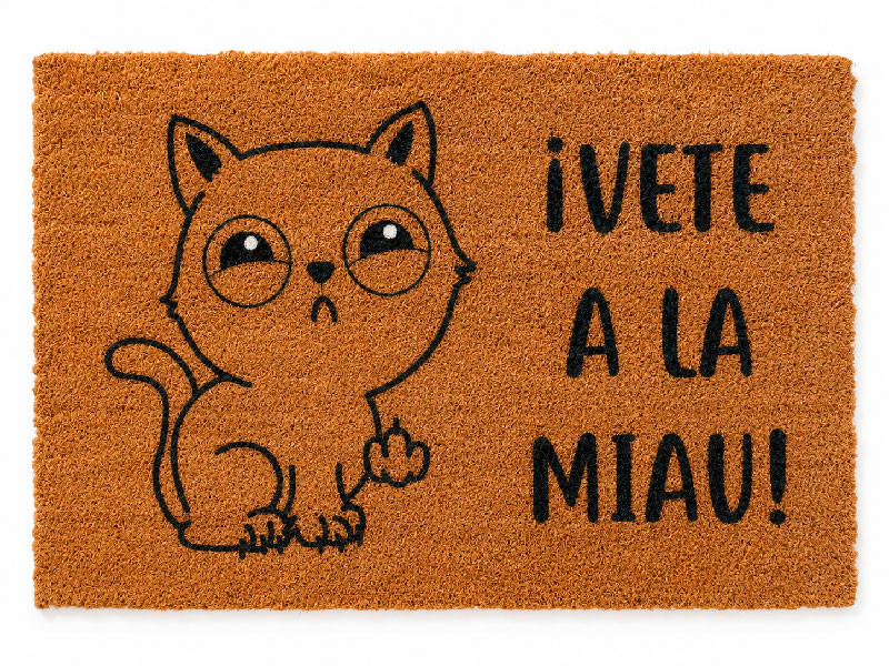 Felpudo divertido de fibra de coco con la frase Vete a la Miau y dibujo de gato enfadado