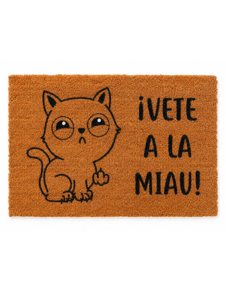 Felpudo divertido de fibra de coco con la frase Vete a la Miau y dibujo de gato enfadado