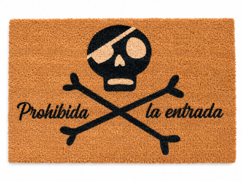 Felpudo de fibra de coco con diseño de calavera pirata y frase Prohibida la entrada