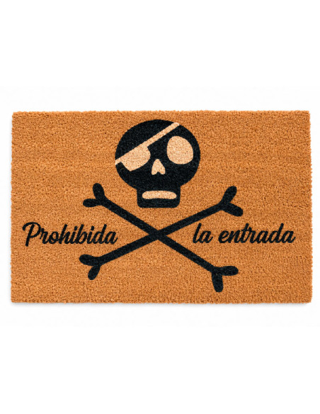 Felpudo de fibra de coco con diseño de calavera pirata y frase Prohibida la entrada