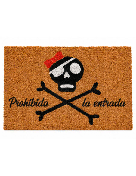 Felpudo de fibra de coco con diseño de calavera con lazo rojo y frase Prohibida la entrada