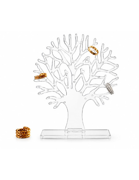 Organizador de bisutería blanco con forma de árbol y múltiples espacios para colocar pendientes.