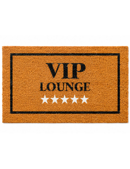 Felpudo de fibra de coco con el texto VIP LOUNGE y cinco estrellas grabadas