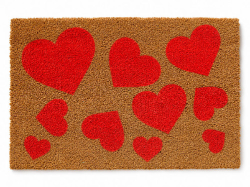 Felpudo romantico de fibra de coco estampado con un monton de corazones rojos
