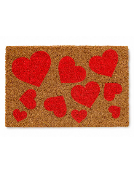 Felpudo romantico de fibra de coco estampado con un monton de corazones rojos