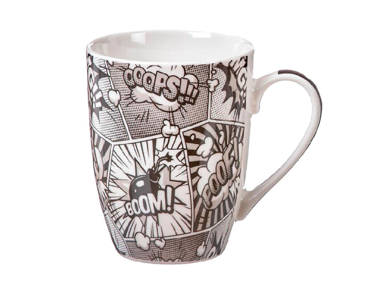 Taza de porcelana de 300 ml con estampado completo de ilustraciones estilo comic en blanco y negro