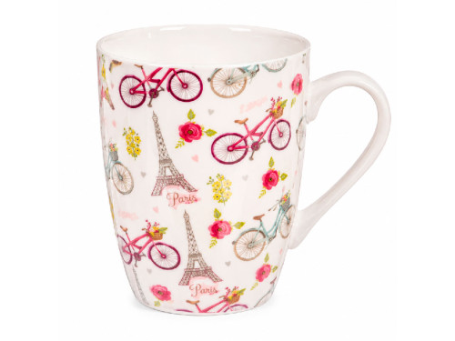 Taza mug de porcelana blanca con estampado de la torre eiffel flores y bicicletas de colores