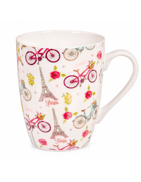 Taza mug de porcelana blanca con estampado de la torre eiffel flores y bicicletas de colores