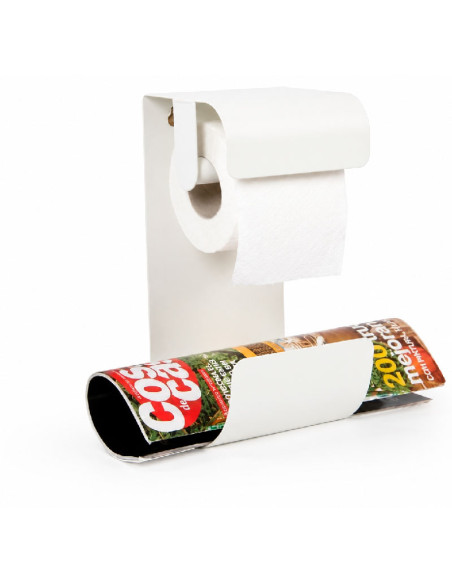 Portarrollos de pared metalico blanco con revistero inferior y rollo de papel colocado