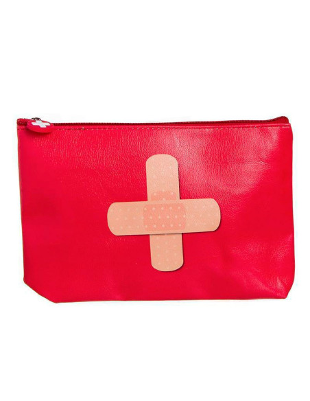 Neceser botiquín rojo de polipiel con diseño de tirita en el frontal.