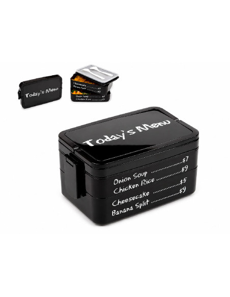 Fiambrera bento box de color negro con tres compartimentos apilables cubiertos incluidos y texto todays menu