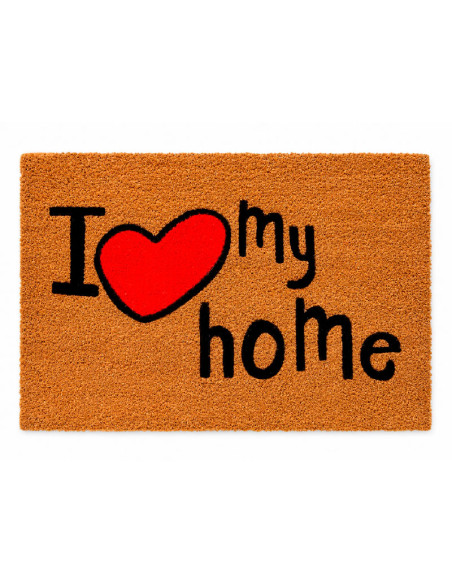 Felpudo de fibra de coco natural con la frase I Love My Home decorada con un gran corazon rojo