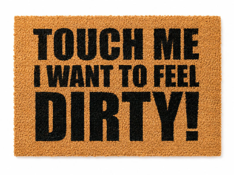 Felpudo divertido de fibra de coco con la frase en ingles Touch me I want to feel dirty en letras negras grandes