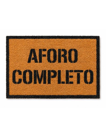 Felpudo de fibra de coco natural con la frase Aforo Completo escrita en letras negras estilo plantilla