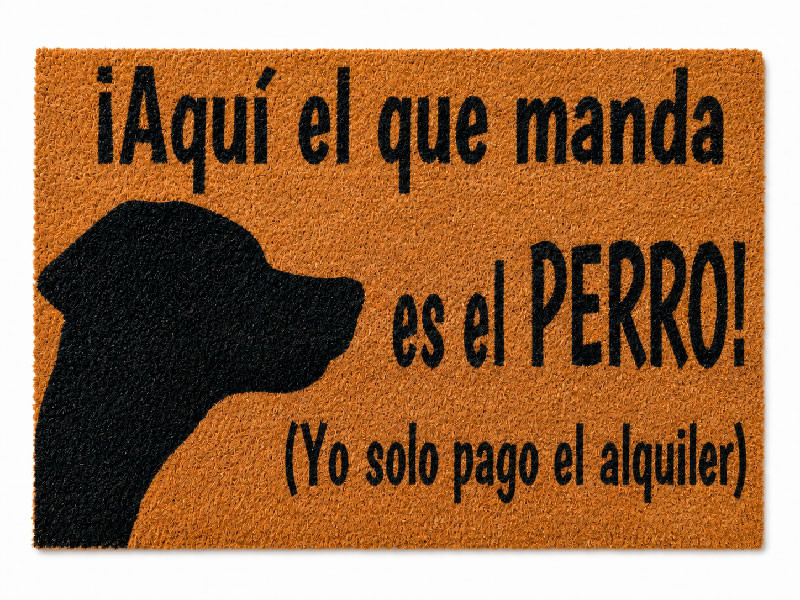 Felpudo de fibra de coco con la frase Aqui el que manda es el perro yo solo pago el alquiler y silueta de cabeza de perro