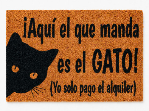 Felpudo divertido de fibra de coco con la frase Aqui el que manda es el gato yo solo pago el alquiler y silueta de un gato negro