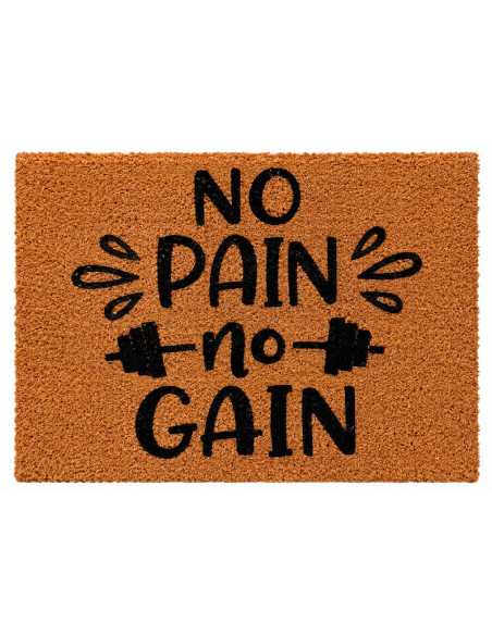 Felpudo motivacional de fibra de coco con la frase No pain no gain y dibujos de mancuernas de gimnasio en color negro