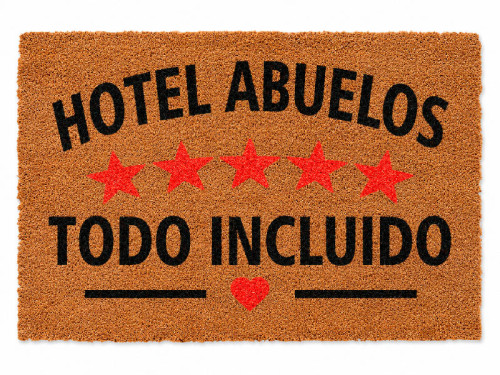 Felpudo grande de fibra de coco con el texto en letras negras Hotel Abuelos Todo Incluido y cinco estrellas rojas en el centro