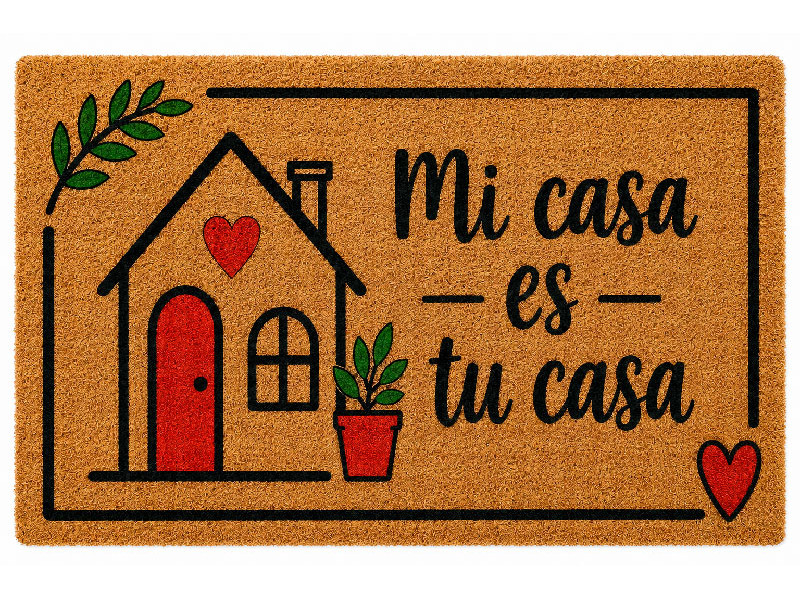 Felpudo de fibra de coco con ilustracion de una casita rústica con puerta roja, plantas verdes y la frase Mi casa es tu casa