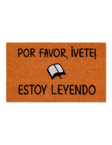 Felpudo de fibra de coco natural con ilustracion de un libro abierto y la frase Por favor vete estoy leyendo