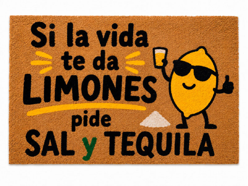 Felpudo de fibra de coco con frase Si la vida te da limones pide sal y tequila.