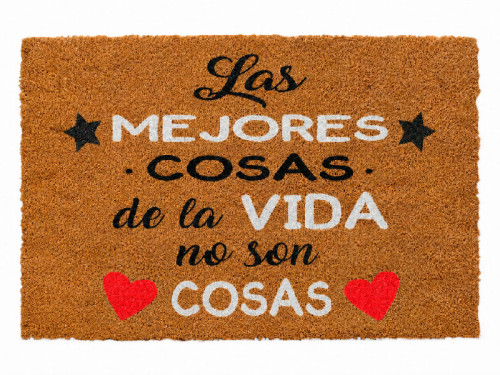 Felpudo de fibra de coco natural con la frase Las mejores cosas de la vida no son cosas con detalles de estrellas y un corazon