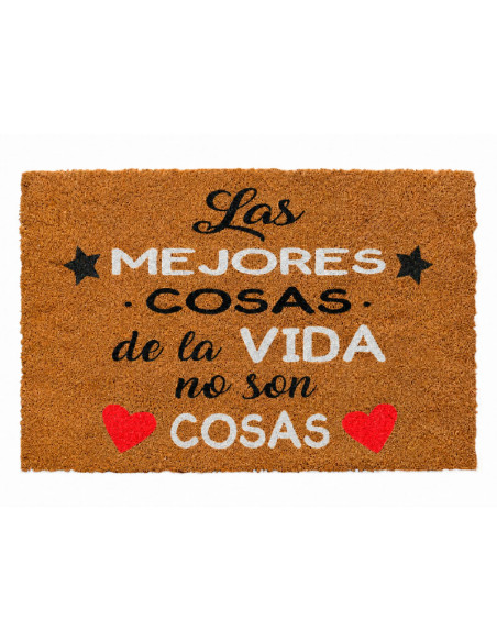 Felpudo de fibra de coco natural con la frase Las mejores cosas de la vida no son cosas con detalles de estrellas y un corazon