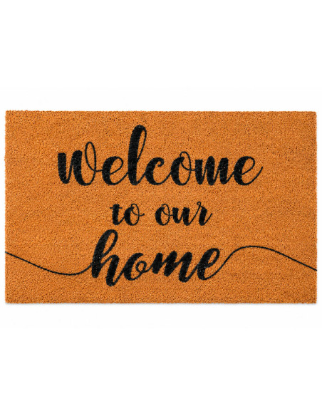 Felpudo de coco clasico welcome to our home escrito en letras cursivas negras