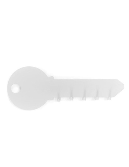 Colgador de llaves de pared metálico en color blanco con silueta en forma de llave y 5 ganchos integrados