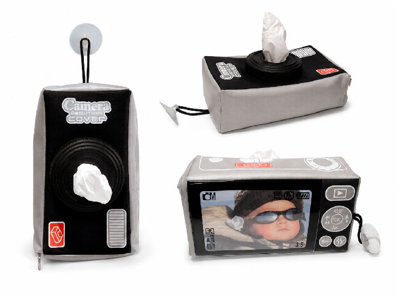 Funda de tela acolchada para caja de pañuelos con forma de camara de fotos retro en tonos oscuros y grises