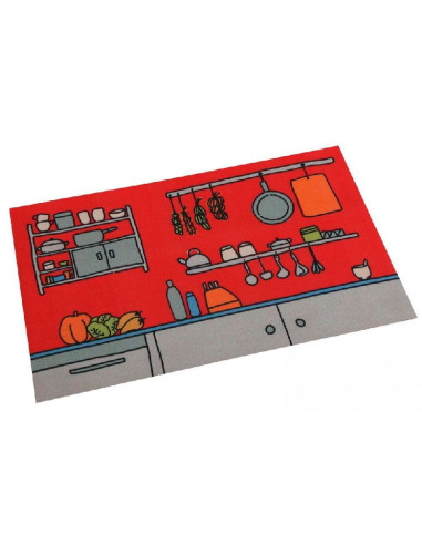 Alfombra de cocina roja y gris con diseño de utensilios y base antideslizante de 80 x 40 cm.